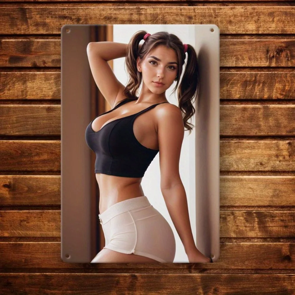 Fit Woman with Pigtails in Black Crop Top and White Shorts Metal Tin Sign, Vintage Style Portrait Wall Art Decor, Waterproof