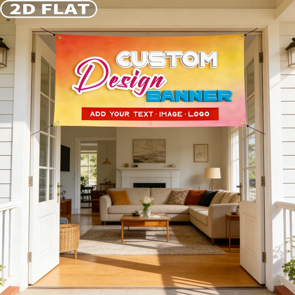 2D FLAT 1pc Custom Banner with 4 Corner Grommets - Durable Polyester for Business Ads, Birthday, Events Home Decor Items