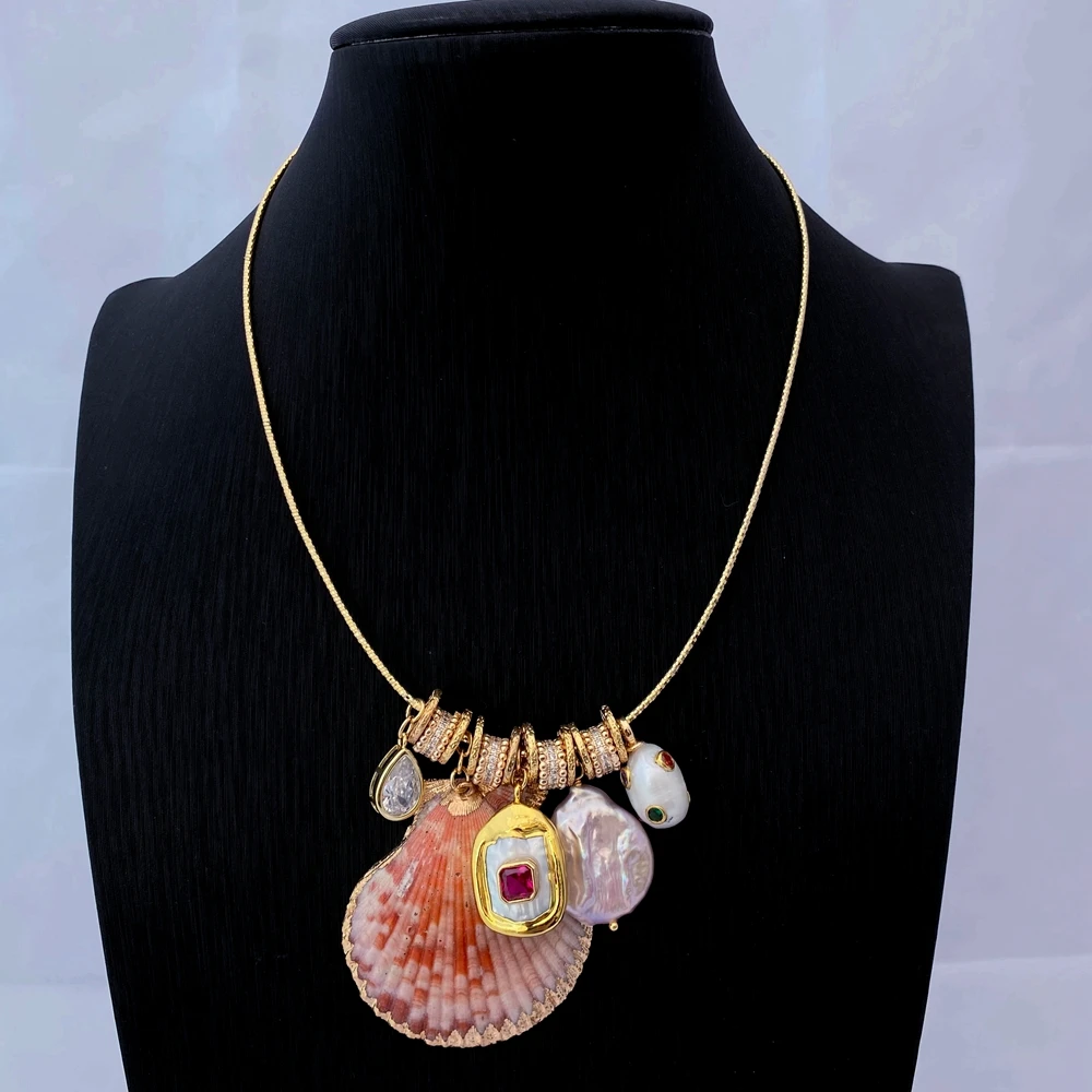 Y·YING Fashion New Women Chokers Short Necklaces White Pearl Orange Sea Shell Cz Gifts Jewelry