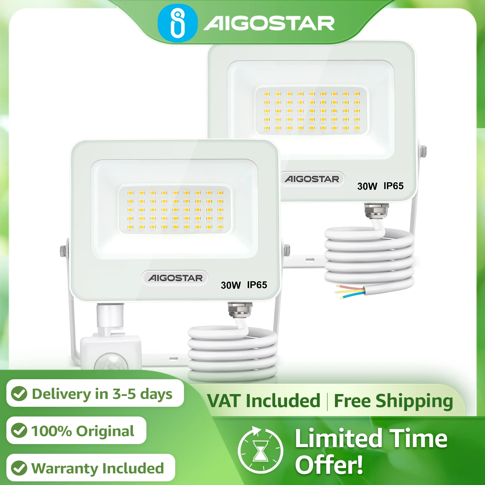 Aigostar Pack 2 Focos LED Sensor 30W | 2750LM Super Brillo IP65 | Luz de Seguridad Exterior