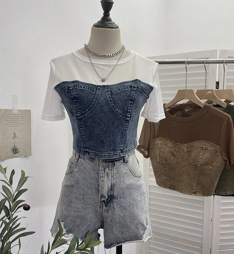 

2026 Summer Denim Splicing Mesh Short-sleeved T-shirt Design Sense Fake Two Pieces Spice Girl Y2k Top