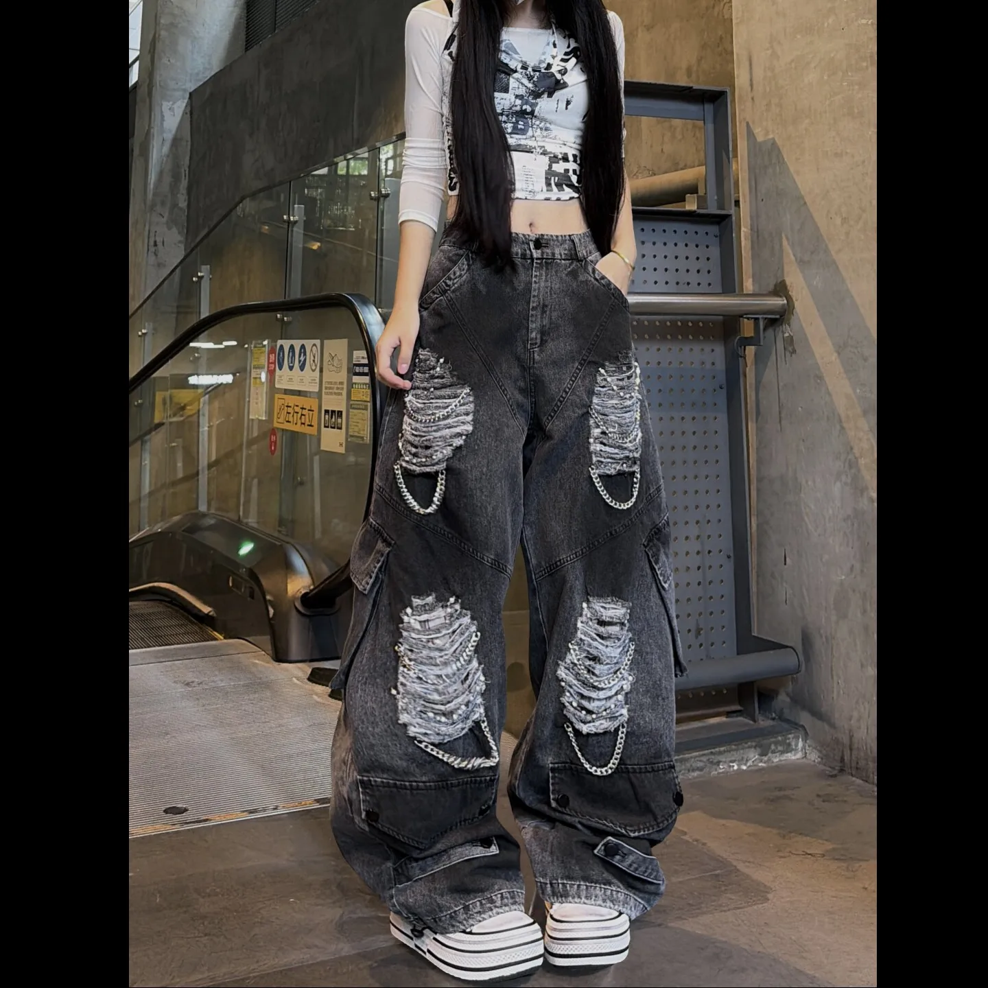 Womens Ripped Cargo Jeans Distressed Black Spray Finish Chain Details for Hip Hop Dance and Alternative Punk Fashion Outfits