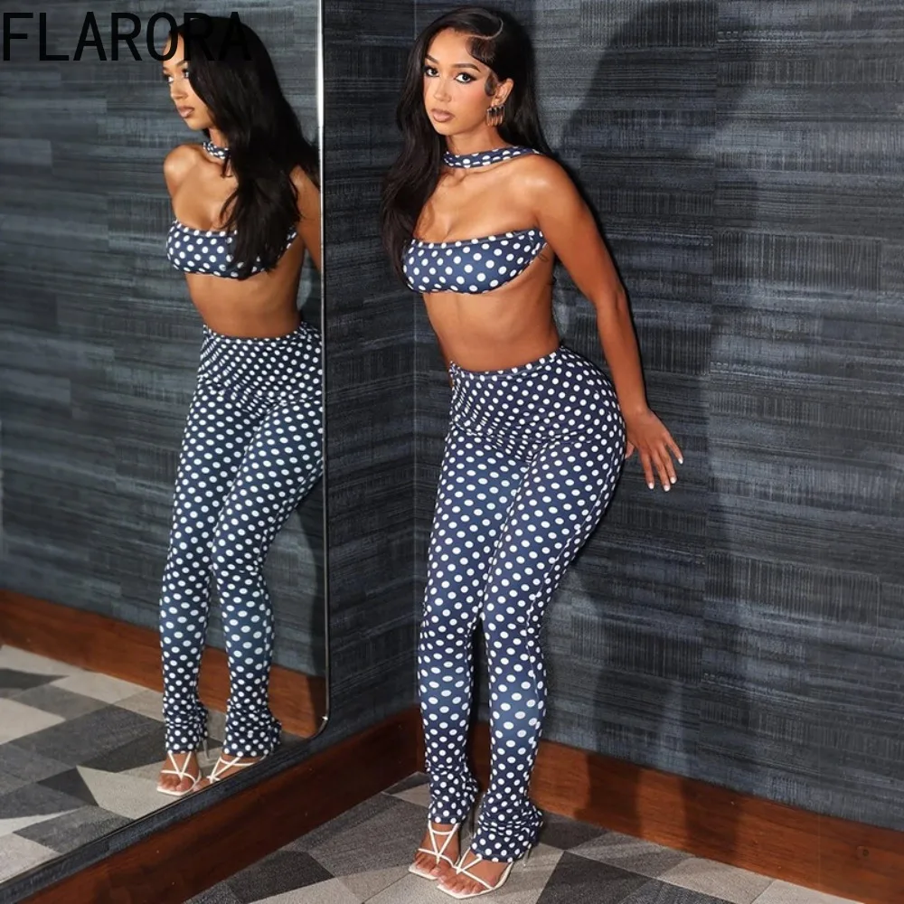 

FLARORA Fashion Dot Print 2 Pcs Sets Woman Sleeveless Backless Halter Tank Tops And Skinny Pants Outfits Sexy Stretch Streetwear