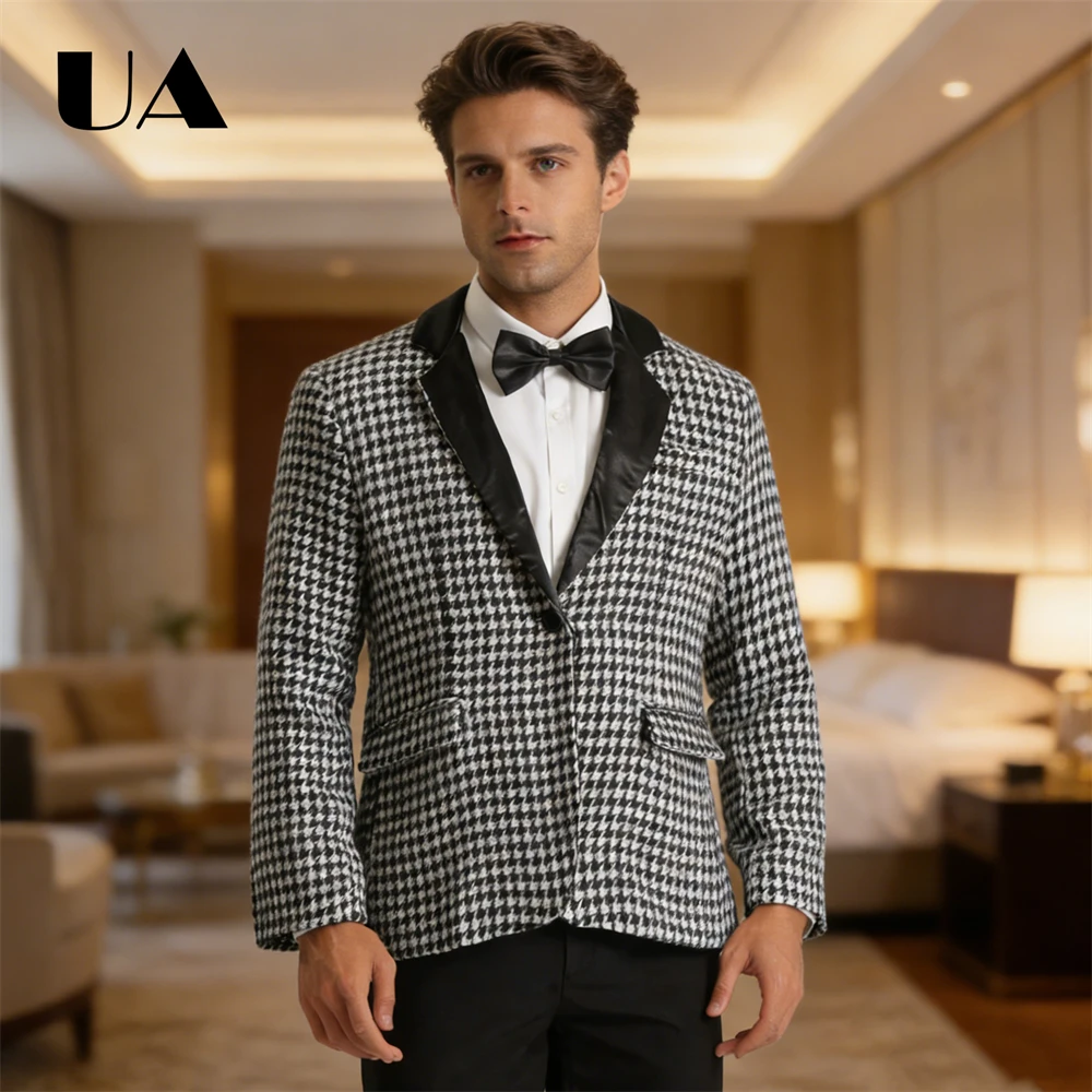 

Men's Black Houndstooth Pants Suit Set, Plus Size Mens Formal Prom Suit Attire XXS-7XL Big Tall Man Suits Jacket Trousers
