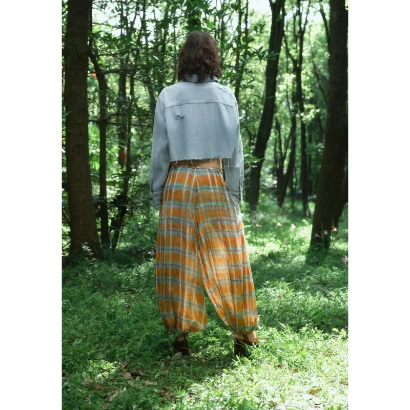 가을 겨울 신상 여성 캐주얼 스타일 린넨 혼방 체크 무늬 미디 허리 퍼프 팬츠 하이웨이스트 엘라스틱 폴리에스터 섬유 여성용