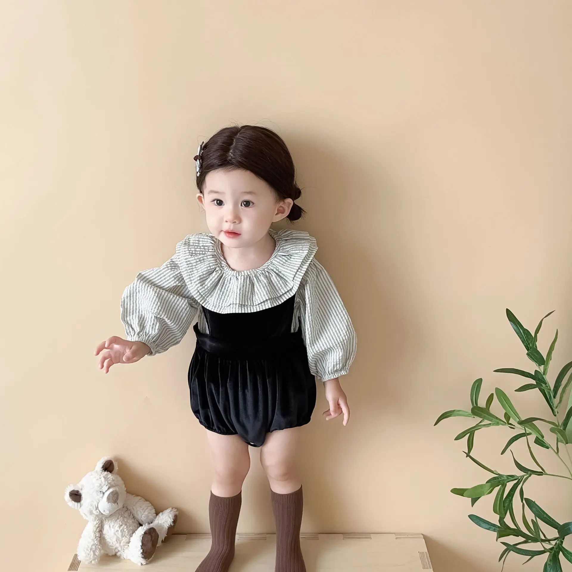 Miniainis Autumn New Baby Striped Double Layer Doll Neck Shirt Top + Cotton Romper 2 Pieces Suit Girls Black Bodysuit Clothes