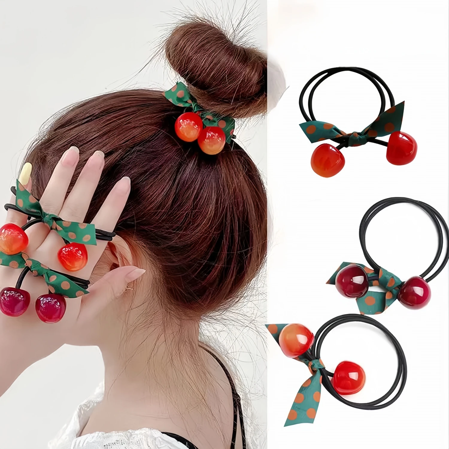 3Pcs/Set New Cute Sweet Cherry Bow Scrunchies Simple High Elastic Rubber Bands Girls Lovely Hair Bands Women Hair Accessories