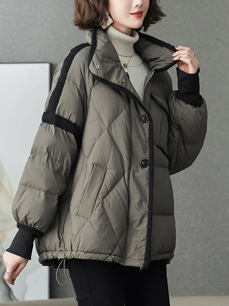 2025 Winter New Women's Oversized Down Cotton Jacket Loose Splicing Windproof Stand Up Collar Jacket