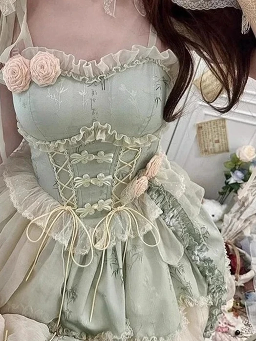 

Lolita Sweet Girl Lace-up Princess Dresses Green Print New Chinese Style Elegant Fairy Lolita Sleeveless High Waist Dress