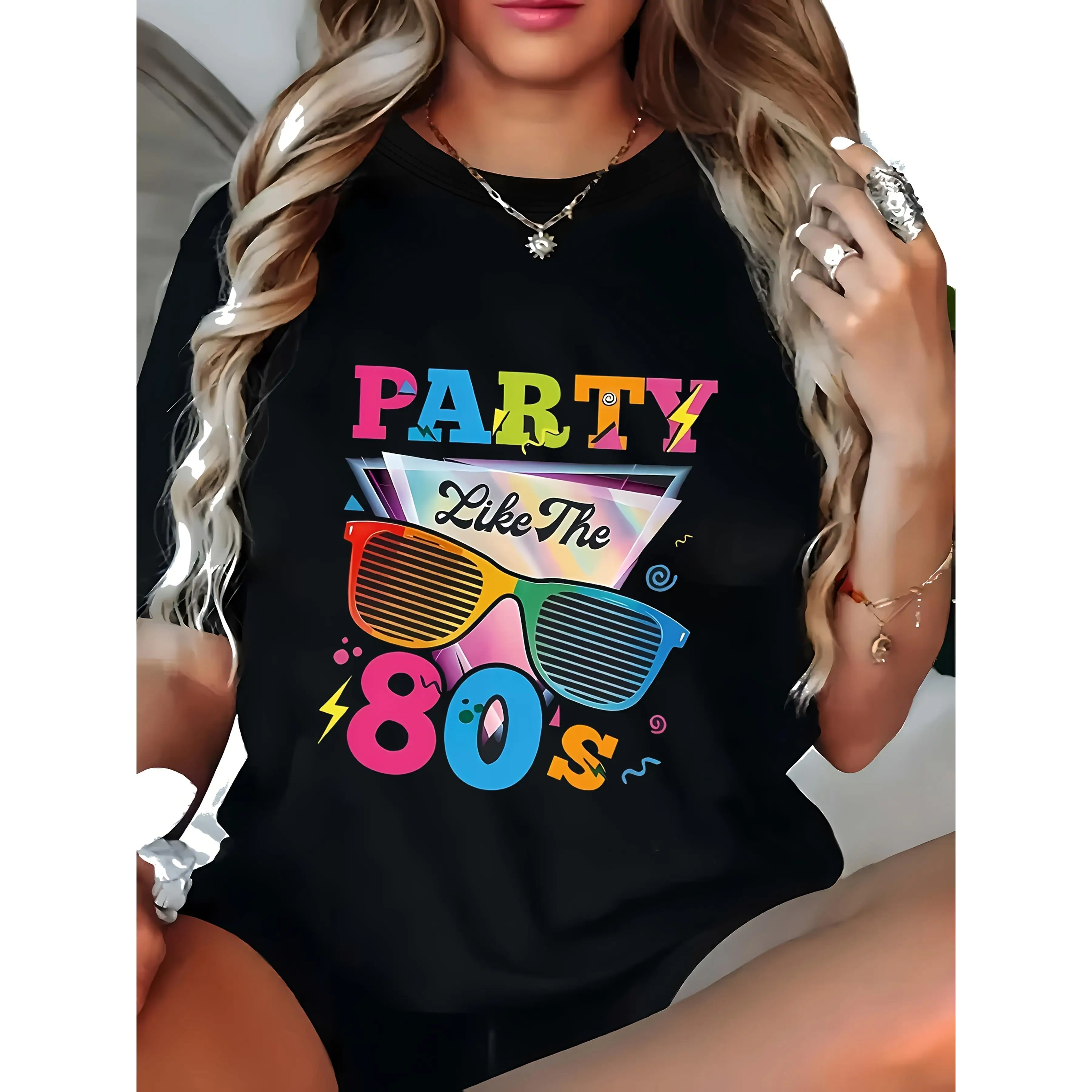 

Women's 80s Party T-Shirt | Retro Neon Shutter Shades Graphic Tee | Vintage Music Lover Throwback Gift Top