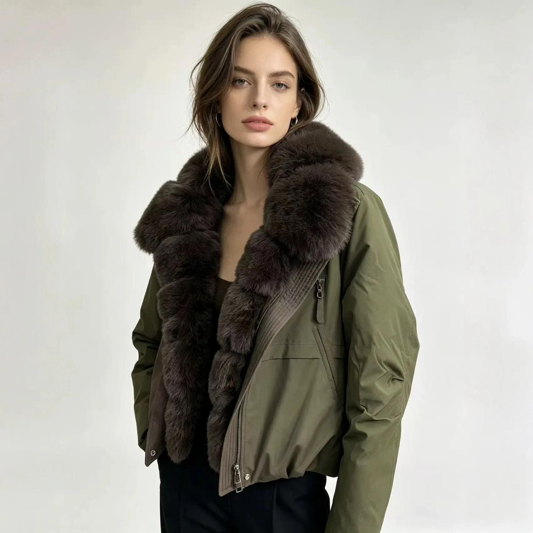 Women's Short Loose down Cotton Jacket with Imitation Fox Fur Collar Winter 2026 New Collection Fashion Outerwear