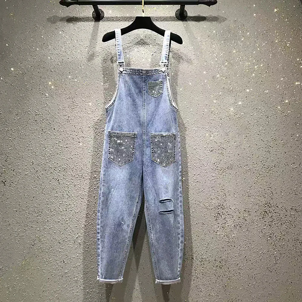 

Fashion Beadings Straps Denim Pants for Women Overalls Summer Casual Loose Rivet Ripped Holes Jumpsuit Female Jeans Streetwear