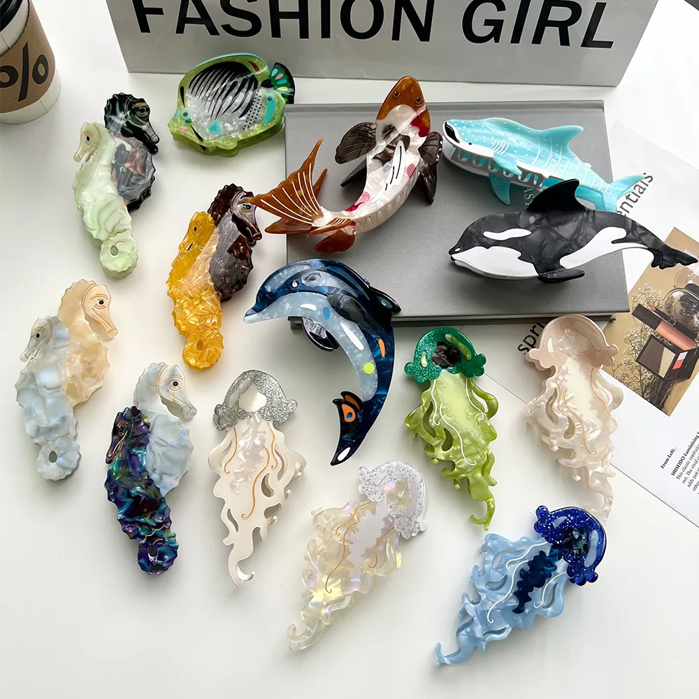 

YHJ Latest Launch Ocean Series Hair Claw Hippocampus Jellyfish Dolphin Acetate Hair Claw Clips Hair Accessories for Women Girls
