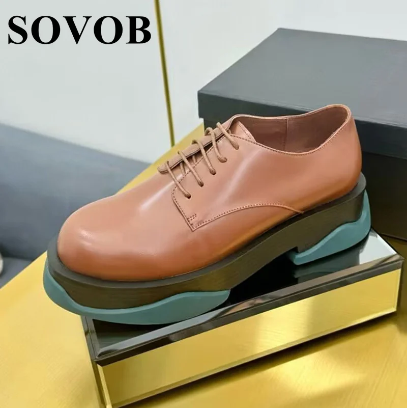 

Spring Autumn Genuine Leather Thick Soled Flat Bottomed Small Leather Shoes Women Round Toe Lace Up British Style Casual Shoes