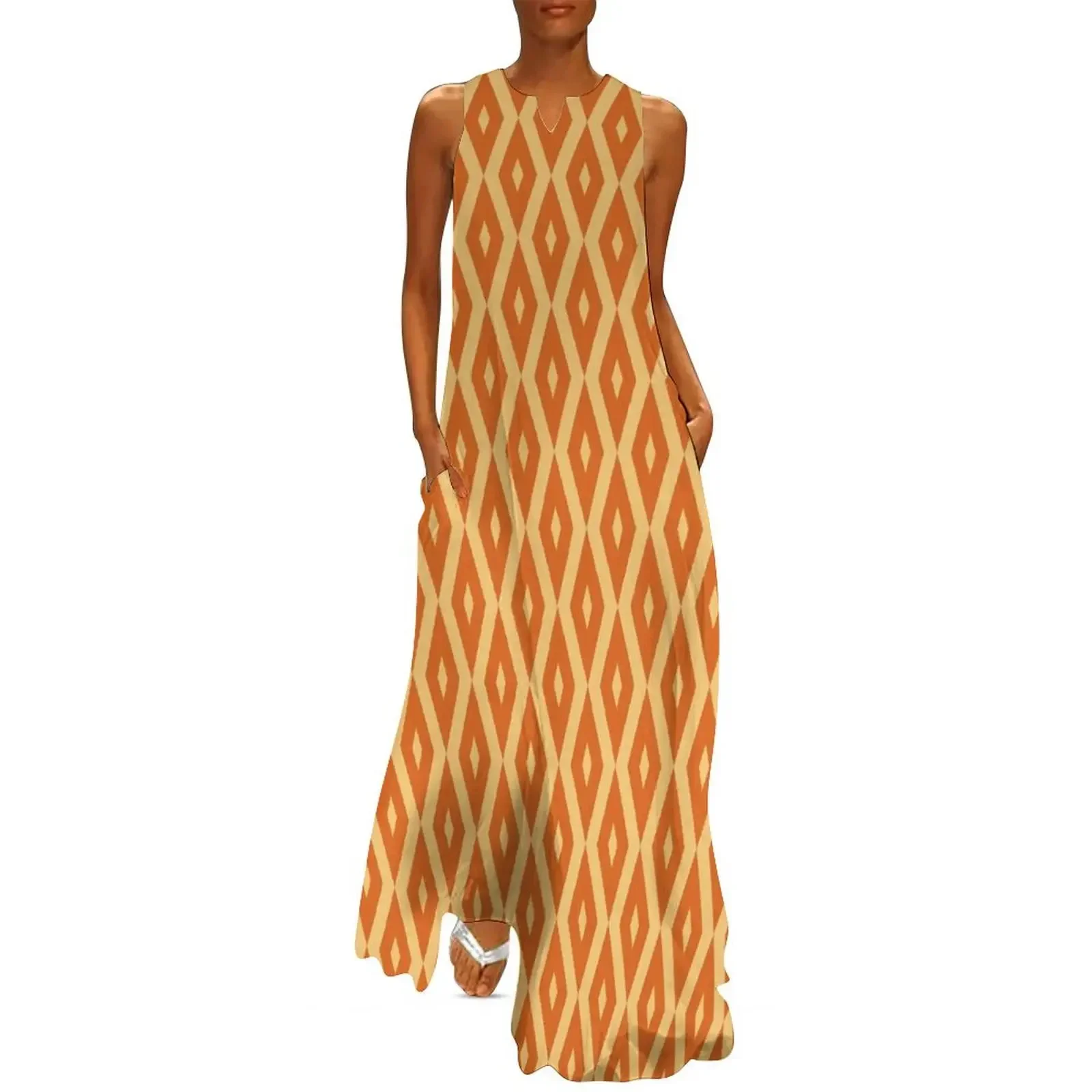 

Retro Orange Diamonds Pattern Long Dress evening dress Dresses gala summer clothes Dress