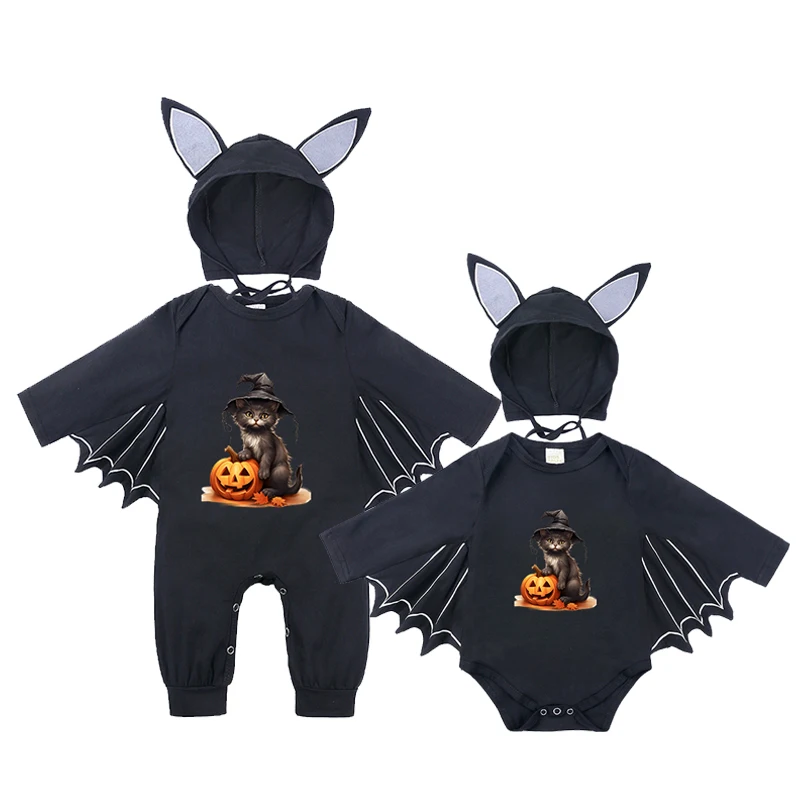 

2024 Newborn Halloween Cosplay Clothes Print Cartoon Hat+Romper Bag Cat Pumpkin Bodysuit Gift Boy Girl Disguised Vampire Costume