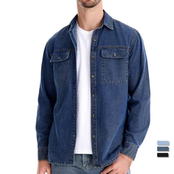 AIOPESON Brand New Mens 100% Cotton Denim Shirts Double Pocket Casual Cowboy Mens Shirts Long Sleeve Autumn Jeans Shirts for Men