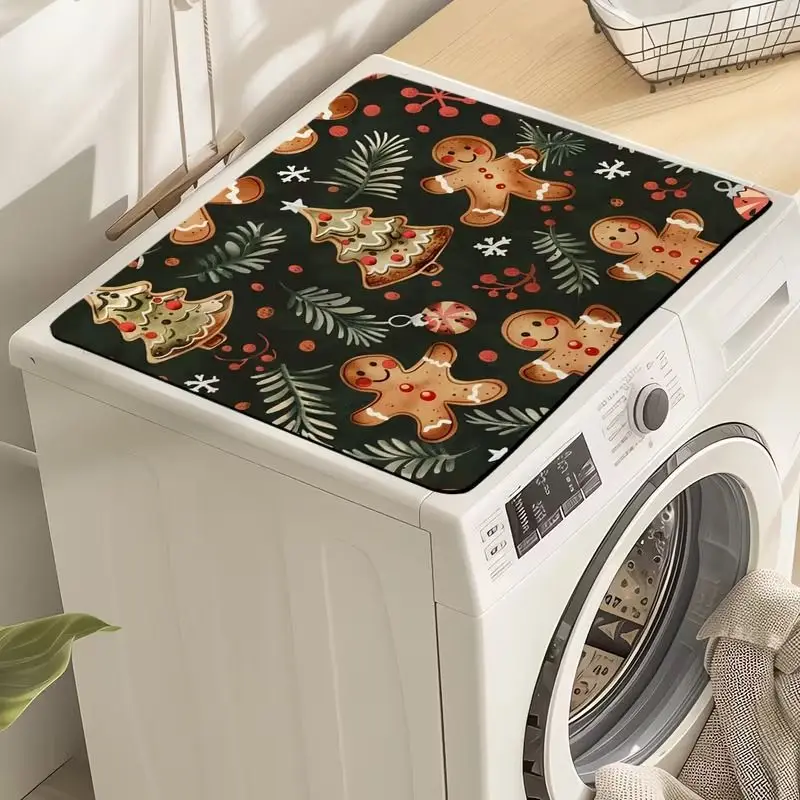 VIKAMA Merry Christmas Gingerbread Cookie Winter Washing Machine Cover Mat Baking Dryer Top Protector Pad Non Slip Home Decor