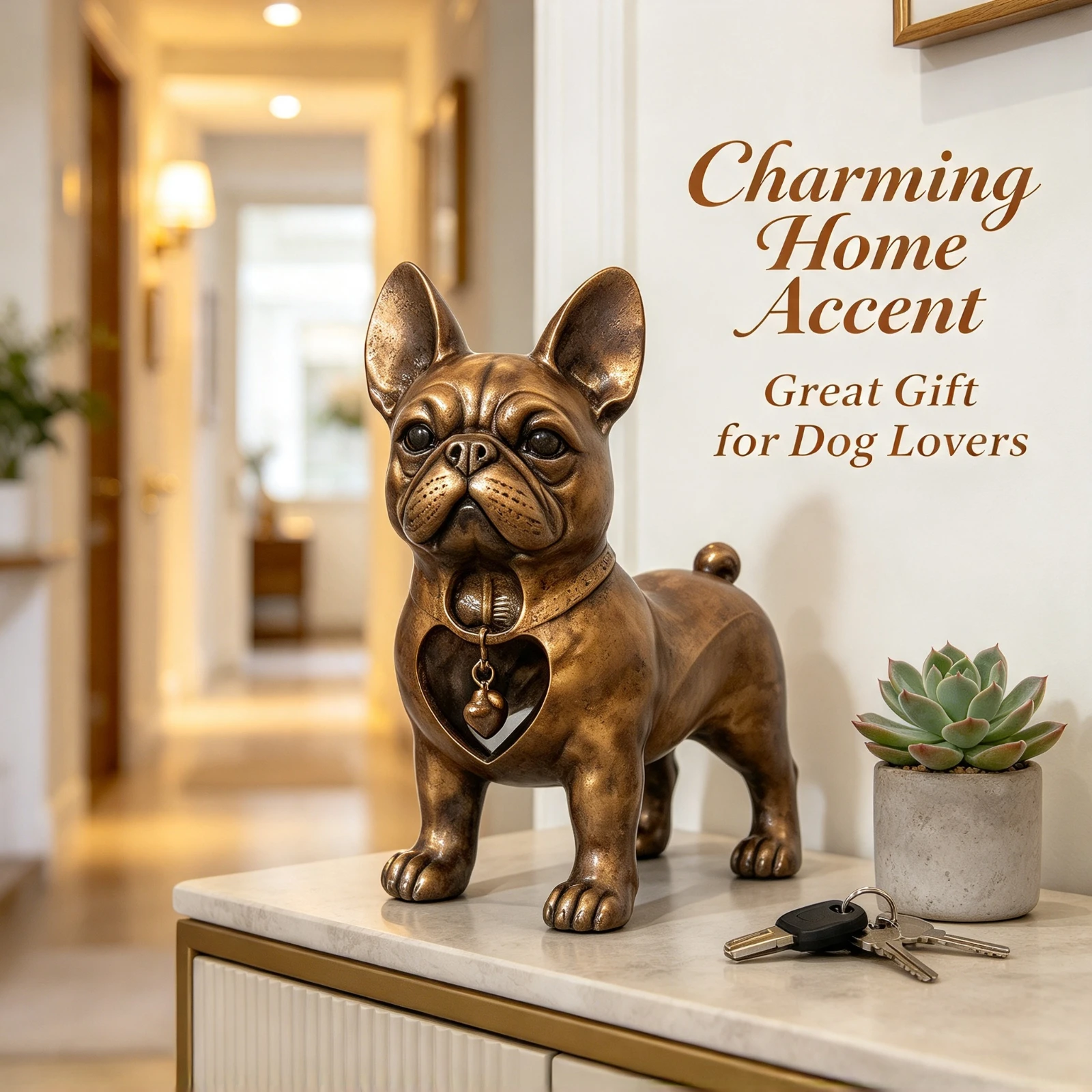 Bronze French Bulldog Statue Resin Dog, Sculpture Faux Metal Animal Figurine Home, Office Bookshelf Table Centerpiece Decor Gift