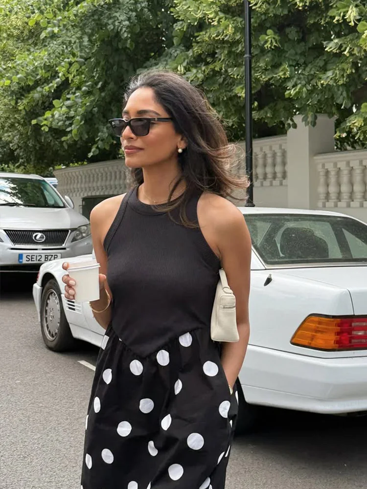 Tank Dot พิมพ์ชุด Maxi สําหรับผู้หญิงแฟชั่นเซ็กซี่แขนกุด O-คอ Streetwear ยาว Vestidos Robes หญิงสบายๆ