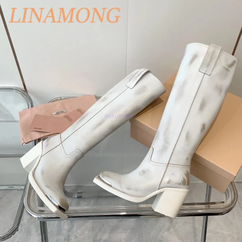 Retro Polished Vintage Long Boots Simple Style Thick Heel and Square Head Metal Iron Plate Knee Length Sleeve Knight Boots