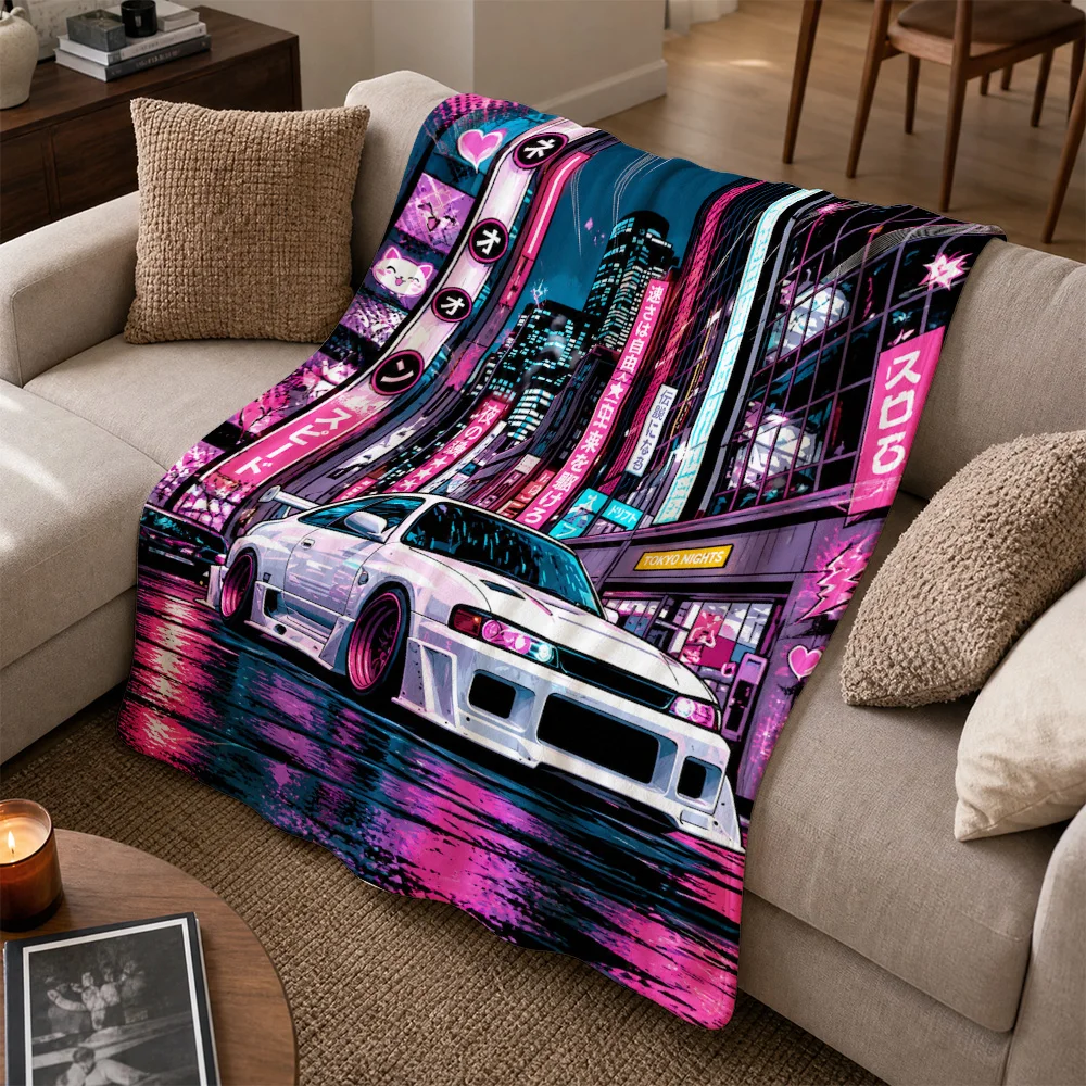 Neon Tokyo Street Car Art Cyberpunk Sofa Throw Blanket Home Decor Anime JDM Style Cozy Throw for Living Room
