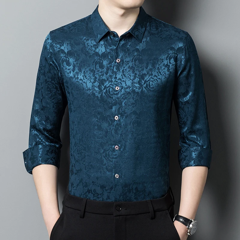 

Viscose Silk Blends Floral Shirts For Men Long Sleeve Coolness Summer Quality Smooth Comfortable Elastic Lapel Camisas De Hombre