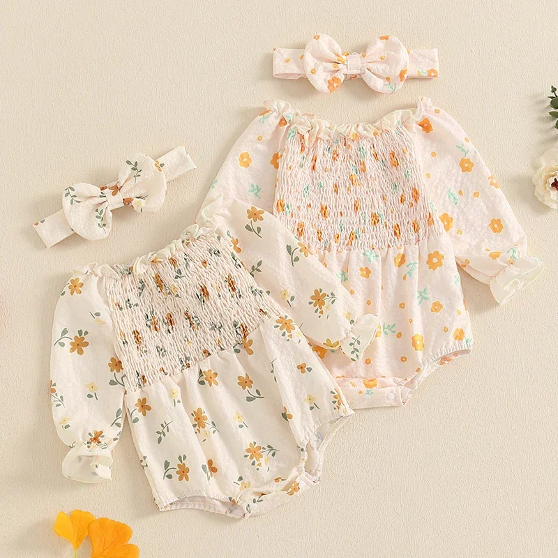 

Newborn Baby Girls Clothes Cute Floral Print Romper Toddler Infant Long Sleeve Jumpsuits with Headband Newborn Autumn Clothing