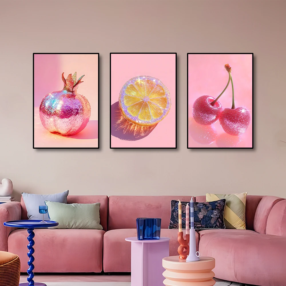 1pc Pink Rock Laser Fruit Art Poster Modern Fashionable Pomegranate Orange Cherry Canvas Print Home Kitchen Bar Decor