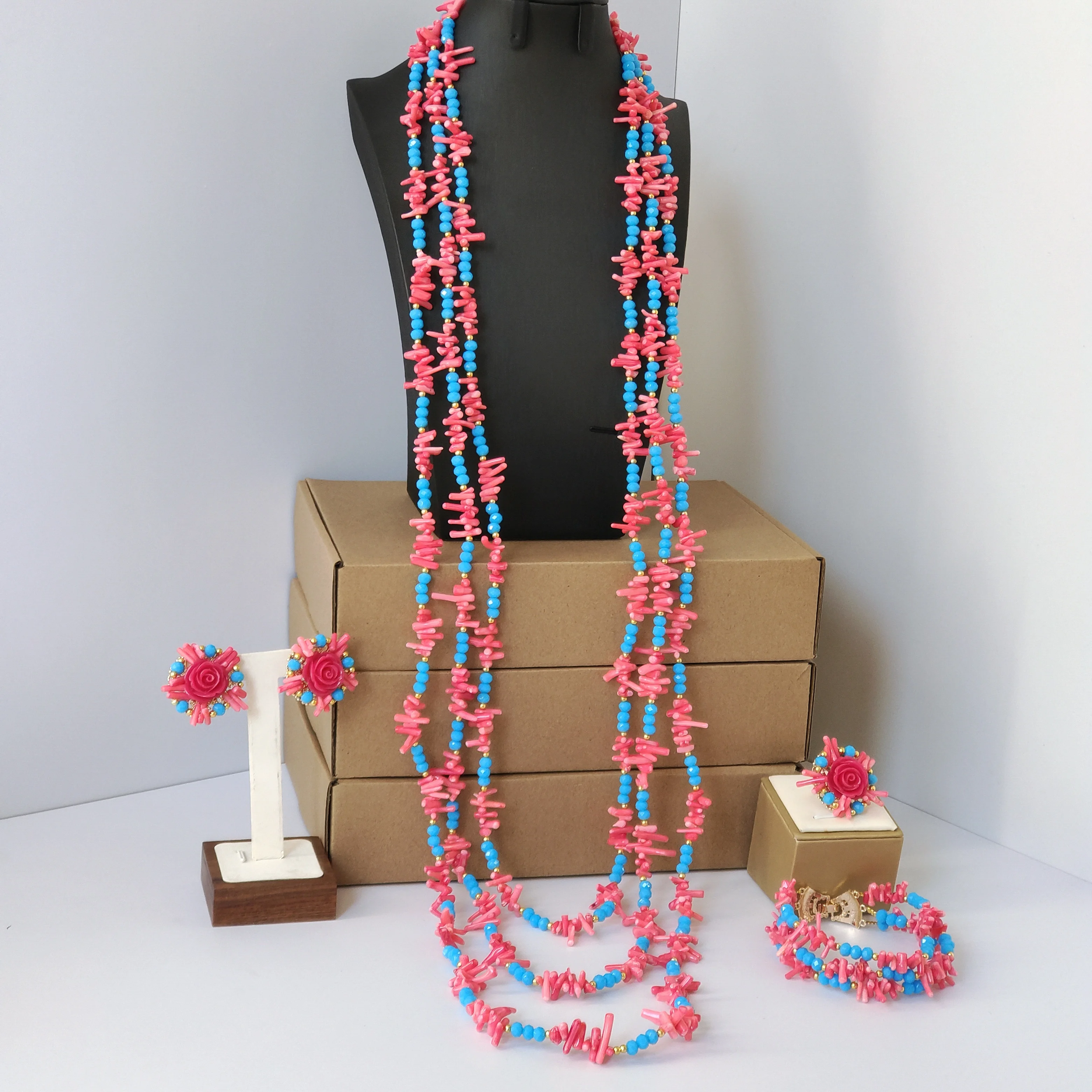 40inches 3layers Coral Beads and Crystal African Beads Jewelry Set