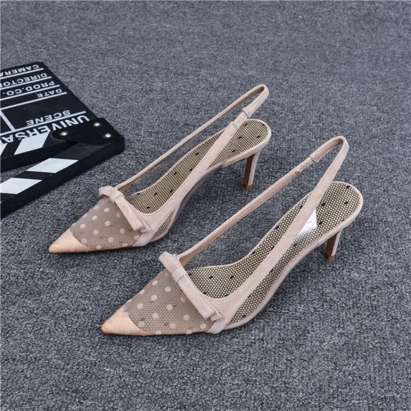 Women\'s Pumps Shoes Summer Fashion Pointy Bow Mesh Breathable Stiletto Heel Shallow Sandals Women Zapatos De Mujer Talon Femme