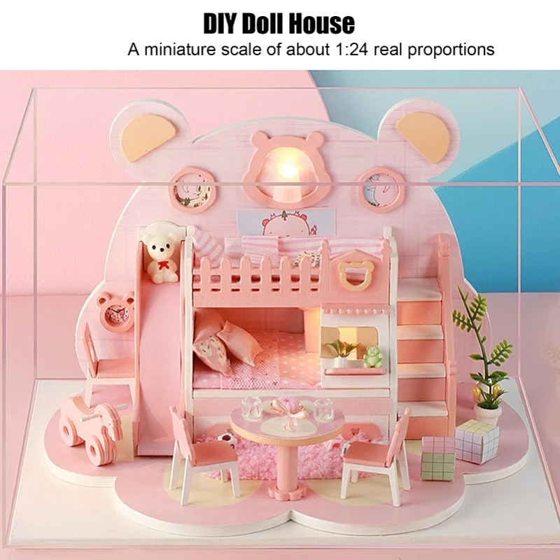 บ้านตุ๊กตาไม้ 3 มิติ แบบ DIY พร้อมไฟ LED ของเล่นสำหรับเด็กผู้หญิง