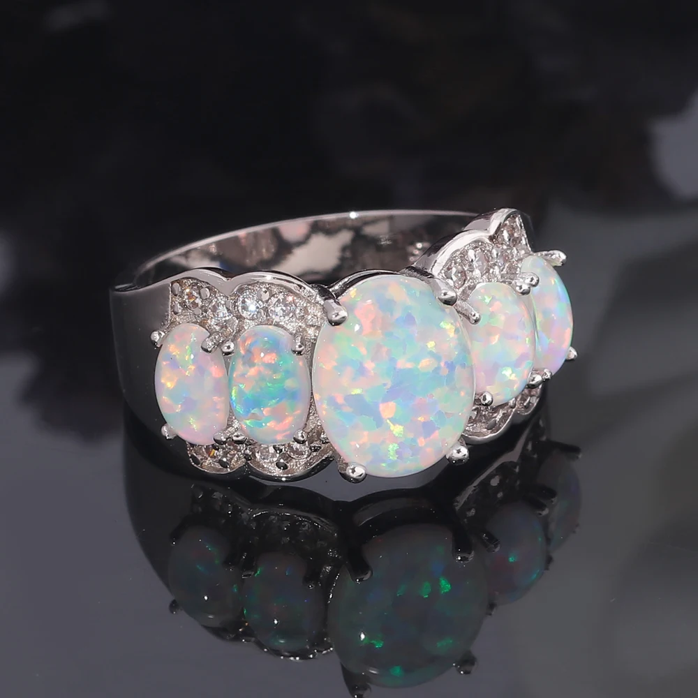 CiNily White Fire Opal Wide Finger Rings Silver Plated Large Oval Stone CZ Crystal Filled Ring Luxury Cocktail Jewelry Female