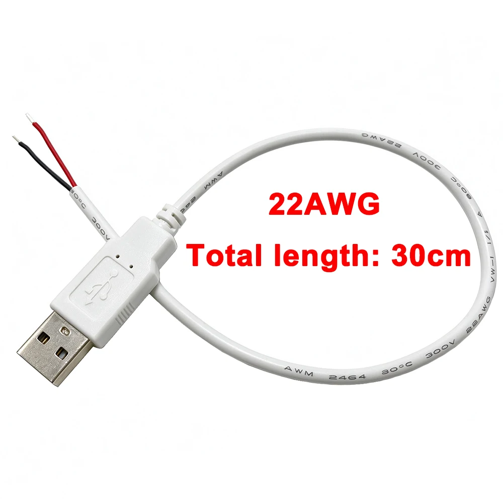 10Pcs Pigtail USB Cable Male Plug 2 Pin Bare Wire Open End Power Cable 12V Replace Connector For USB LED Strip Fans Repair DIY