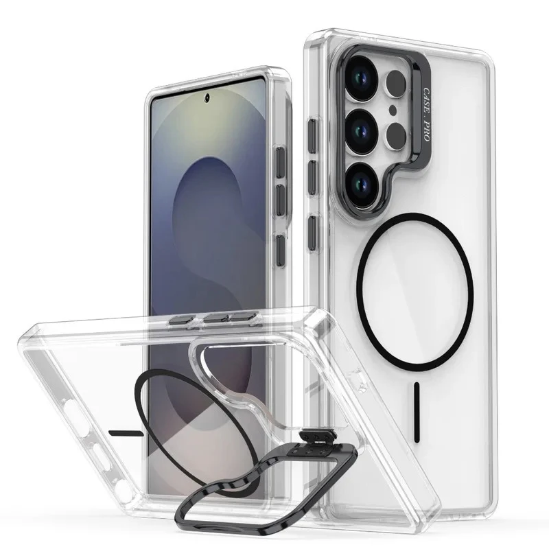 Luxuriöse Transparente Magsafe Magnetische Objektivschutz-Ständerhülle für Samsung S26 S25 Ultra S24 S23 Plus A57 A37 A56 A17 A36 A55 Cover