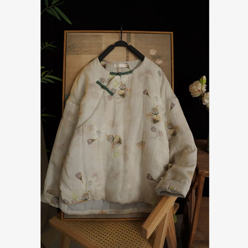 

Retro Chinese Sle Printed Cotton Jaet Women's Autumn Winter ort Coat with Button Closure Warm Flannel Lined Loose Fit