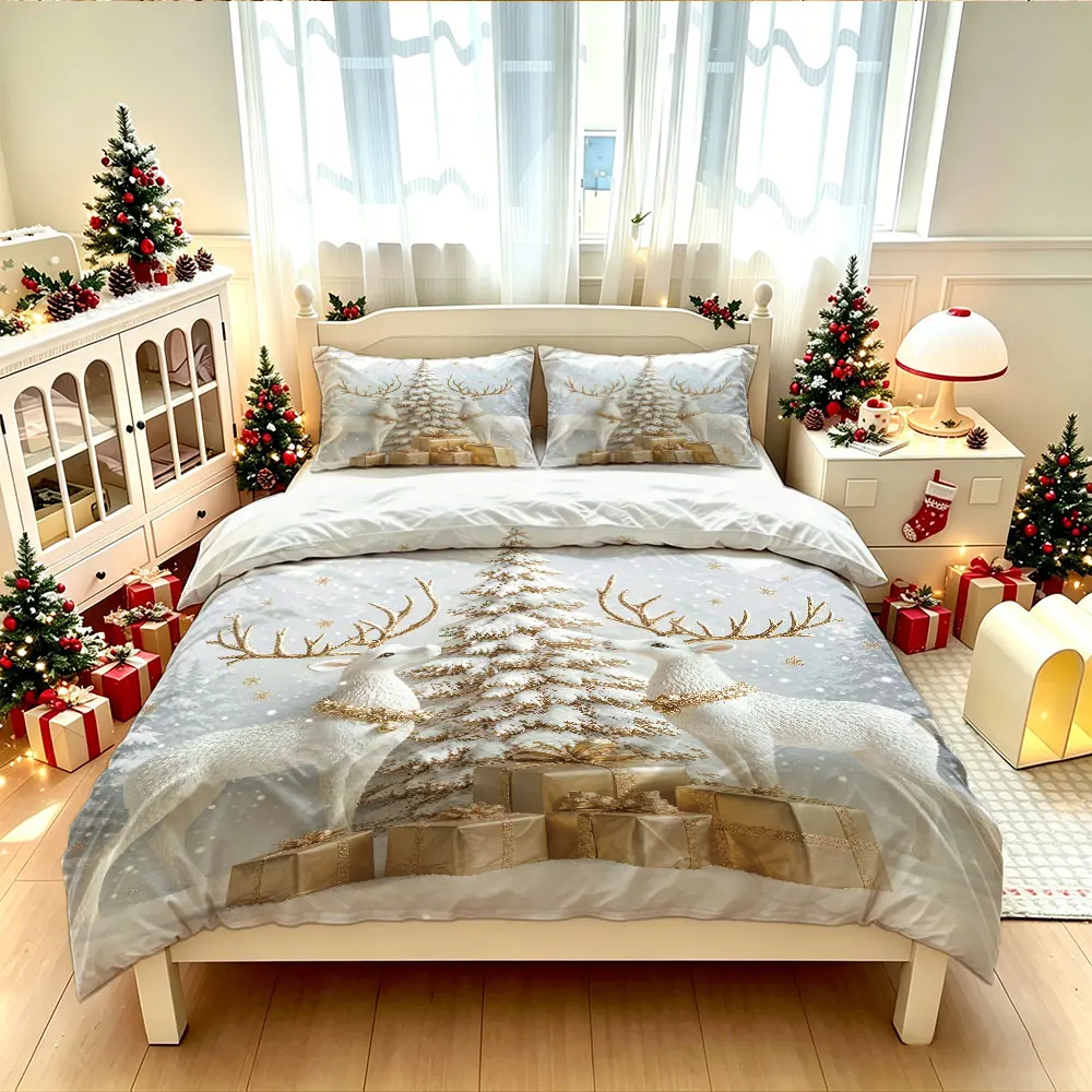 3pcs Christmas Tree Reindeer Print Coreless 1 Duvet Cover 2 Pillowcases Soft Bedding Holiday Gift Decoration Machine Washable