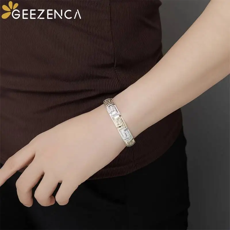 GEEZENCA Italian Luxury 925 Sterling Silver Two Tone Geometric Texture Bracelet For Women Trendy Dainty 1cm Width Bracelets