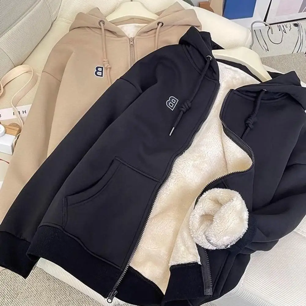 

Unisex Fall Winter Hoodie Coat Drawstring Thick Plush Long Sleeve Elastic Cuff Warm Zipper Closure Hooded Women Jacket куртка