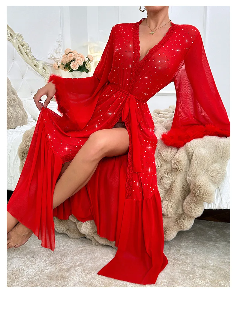 

2026 New Fashionable Sequin Ruffle Batwing Sleeve Dresses Women In Summer, Sexy And Elegant V-neck Home Nightgown For Women