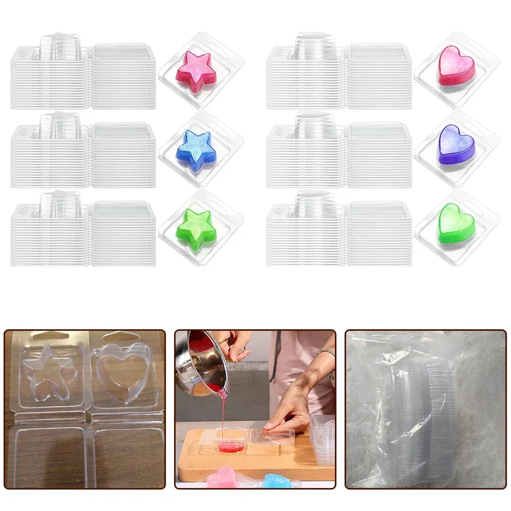 100Pcs Clamshell Wax Melt Molds Heart/Pentagram Shape PET Material DIY Wickless Candle Empty Plastic Tray Handicraft Accessories