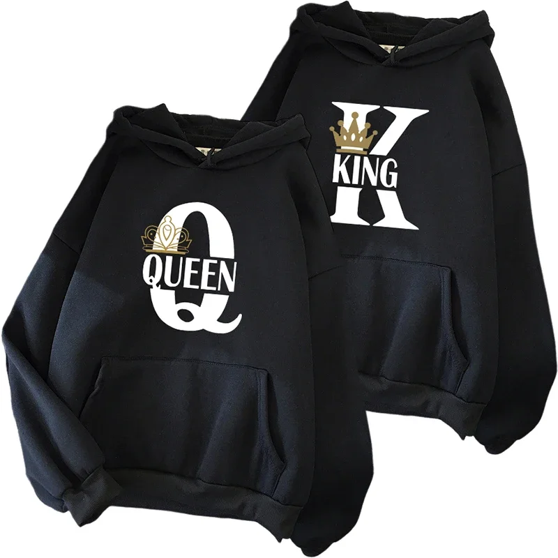 سترة بغطاء للرأس مطبوعة من King Queen للنساء والرجال للخريف والشتاء للأزواج مع قلنسوة وأكمام طويلة بلوفر منزلي مريح ودافئ