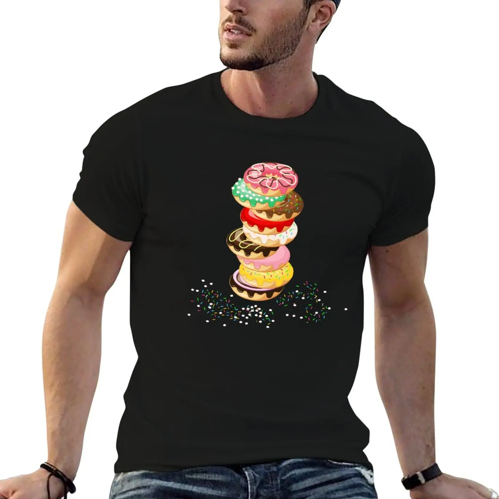 Stack of Delicious Donuts with Colorful Icing T-Shirt Gym Wear Breathable Short Sleeve Tee