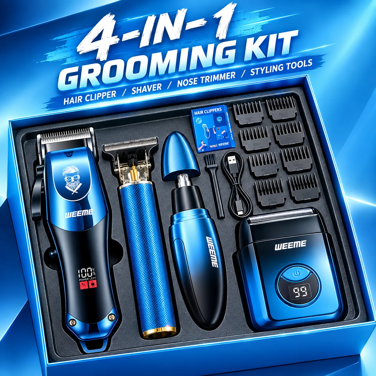 Professional 4-in-1 Men's Grooming Kit High-Quality Hair Clipper Set with T-Blade Trimmer Electric Shaver & Nose Hair Trimmer