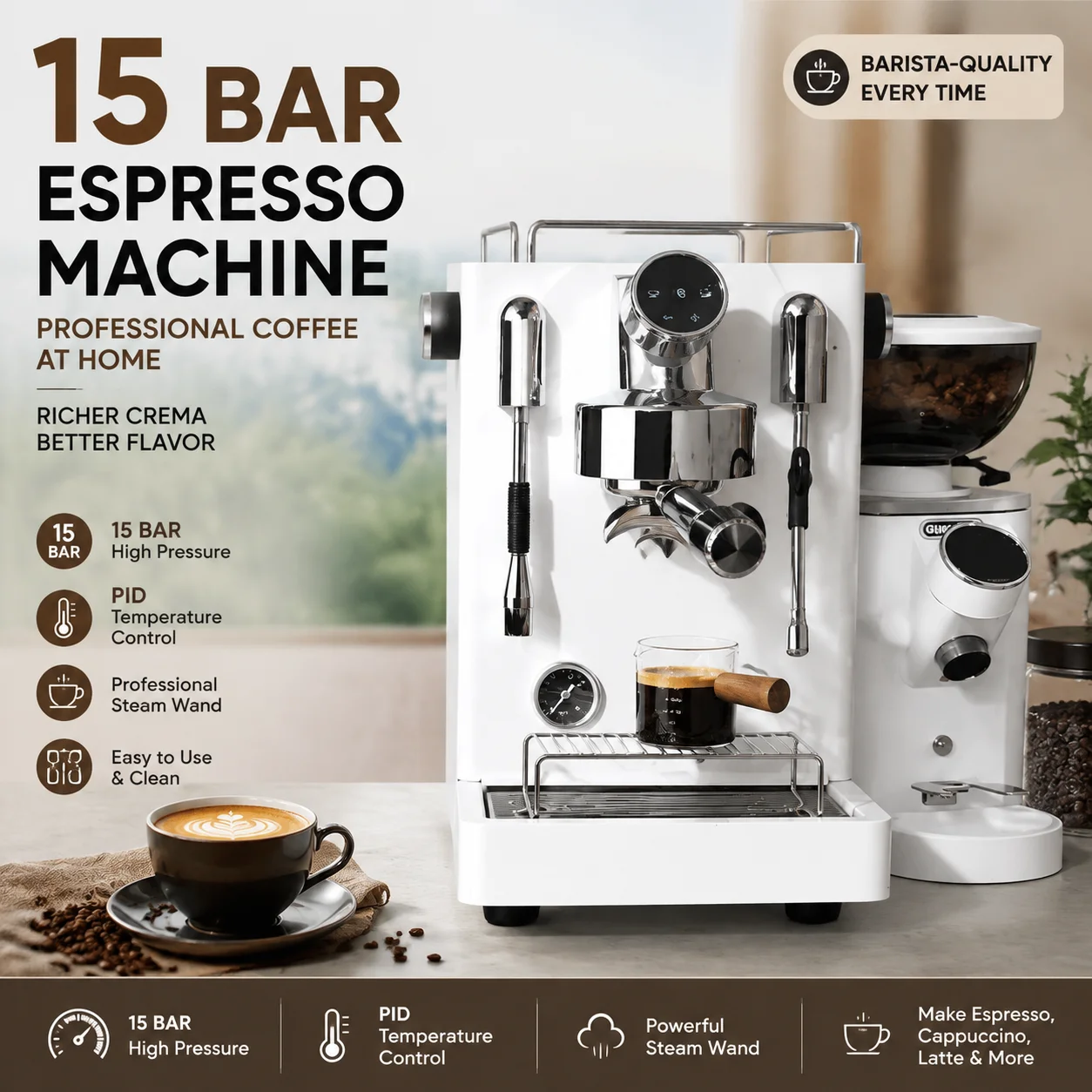 15 Bars Fully Automatic Coffee Machine Household Stainless Steel Portable Electric Espresso Machine Office Coffee Maker