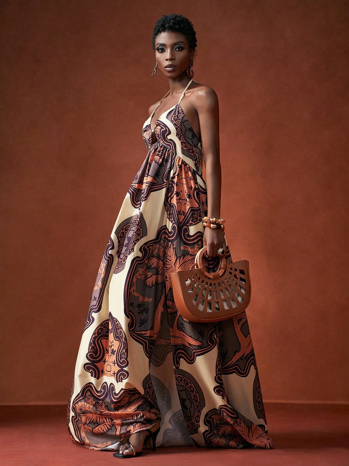 

Retro Print Halter Neck Maxi Dress with Side Slit and Umbrella Hem