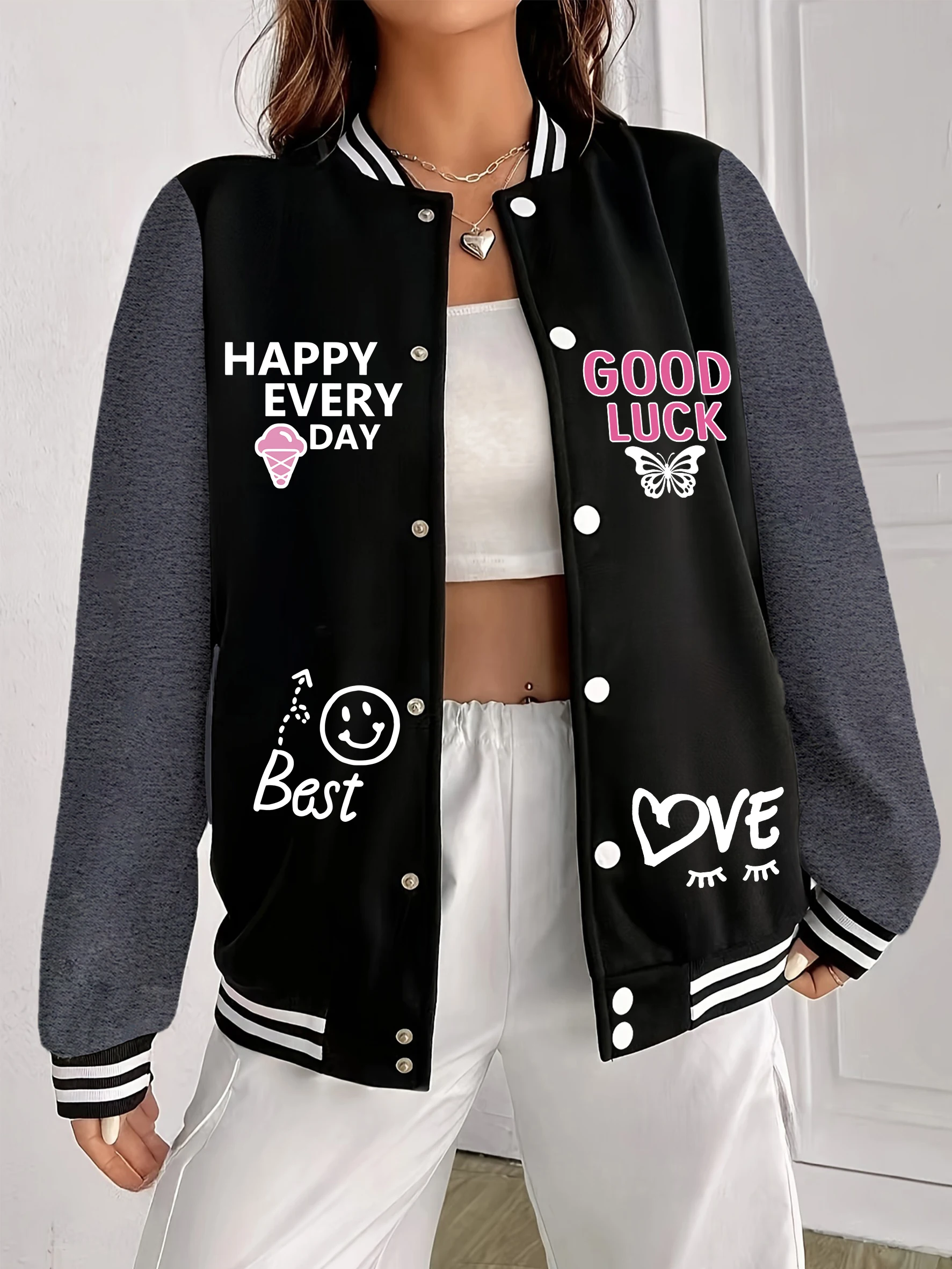 

Женская бейсбольная форма с принтом «Счастливый каждый день», флисовая куртка с карманами, осенняя одежда большого размера, универсальная уличная одежда