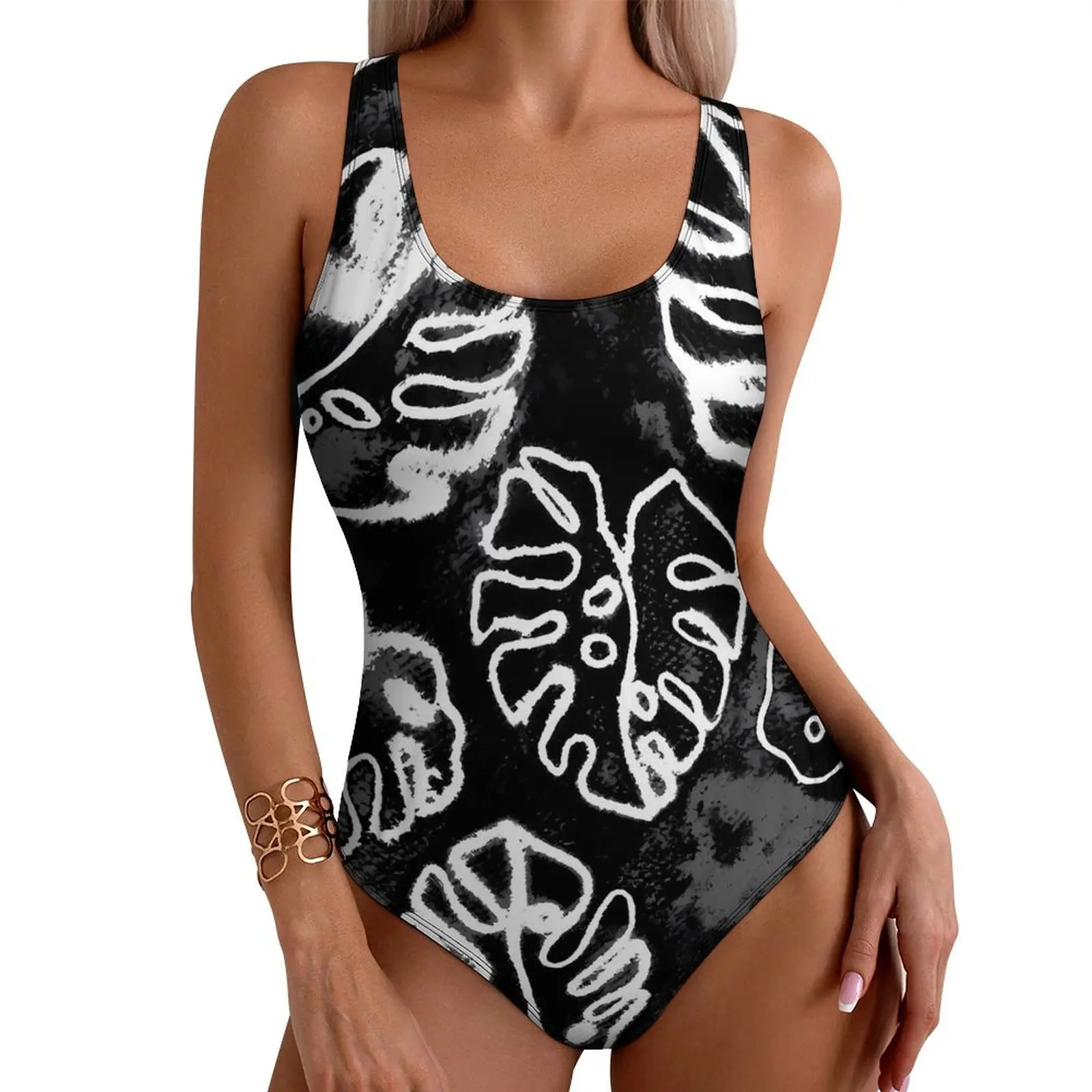 White And Black Tie Dye Swimsuit Sexy Palm Leaf Women Swimwear One-Piece Fashion Bodysuit Swim Push Up Hollow Out Beachwear