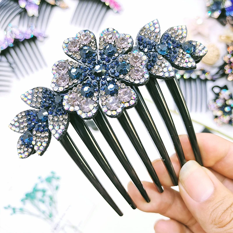 Vintage Flower Crystal Hairclips Fashion Hair Maker Bun Hair Combs Plastic Hairpins Anti-slip Elegant Women Hair Accessories DIY