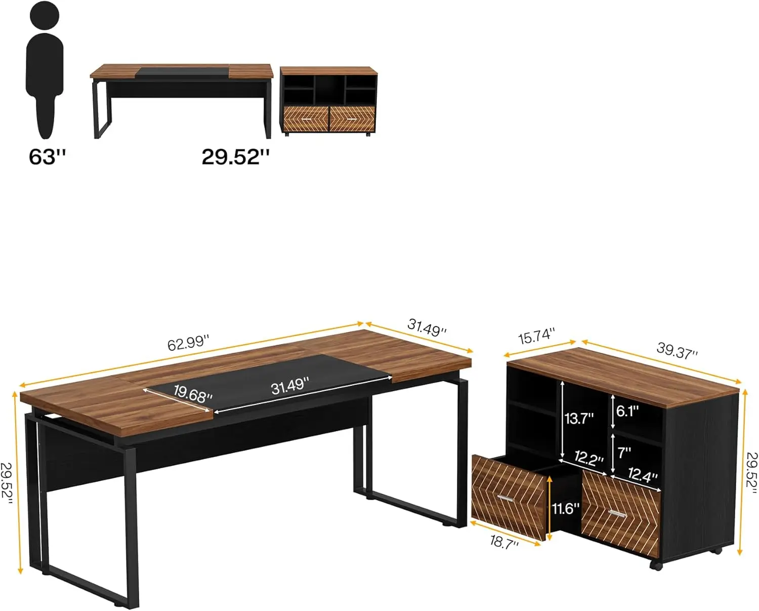 Tribesigns L-Shaped Executive Desk With Reversible File Cabinet, 63